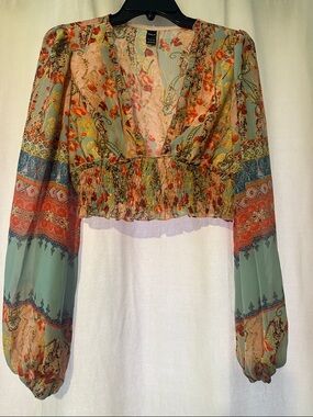 Floral Paisley Smocked Crop Blouse - Green/Multi